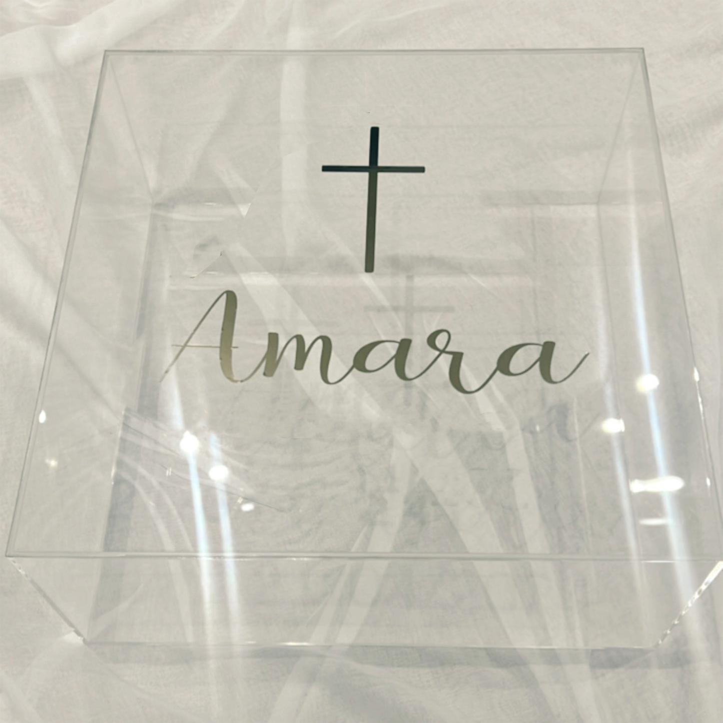 Large Acrylic Clear Christening Box - Name & Cross