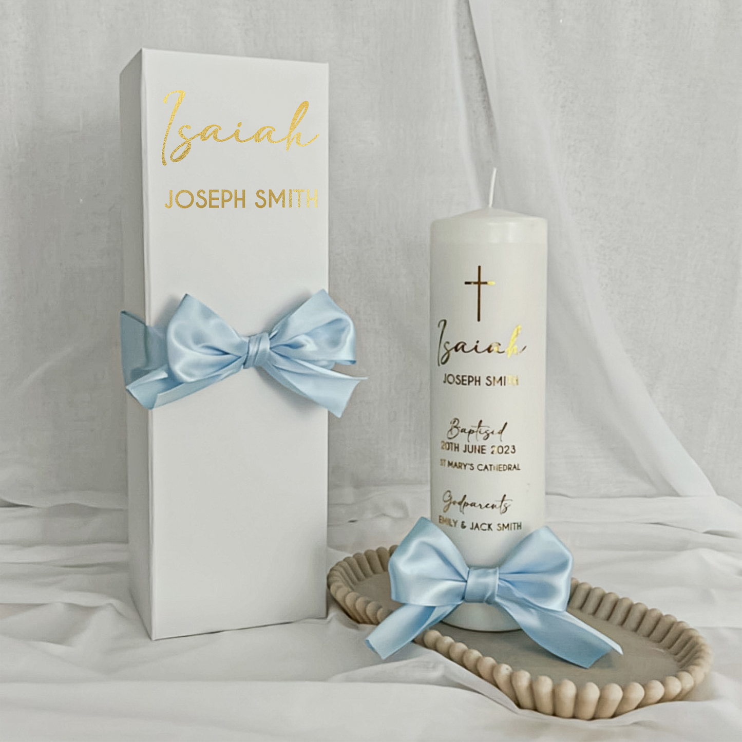 Christening Baptism candle with satin ribbon. Personalised, custom made, made to order Baptizm