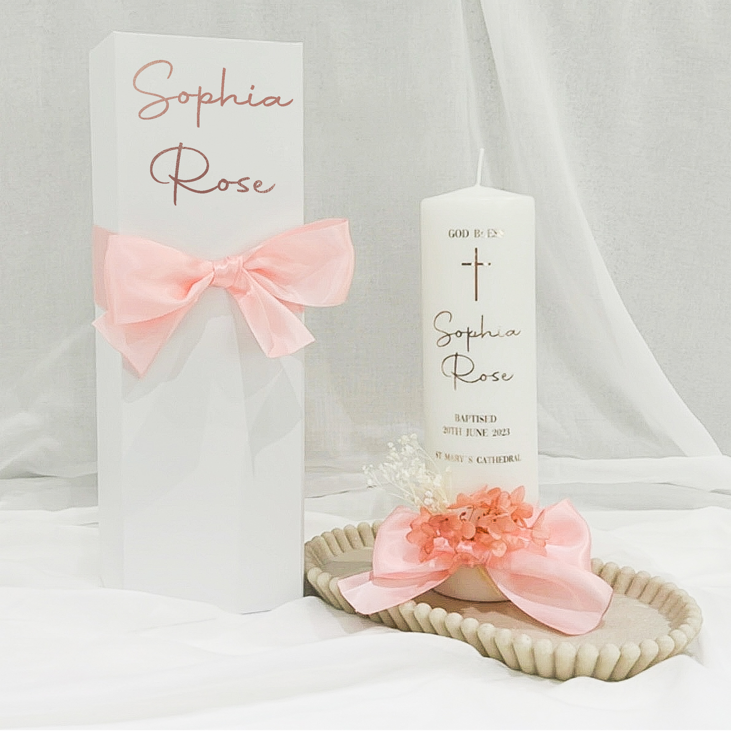 Christening Baptism candle with satin ribbon. Personalised, custom made, made to order Baptizm