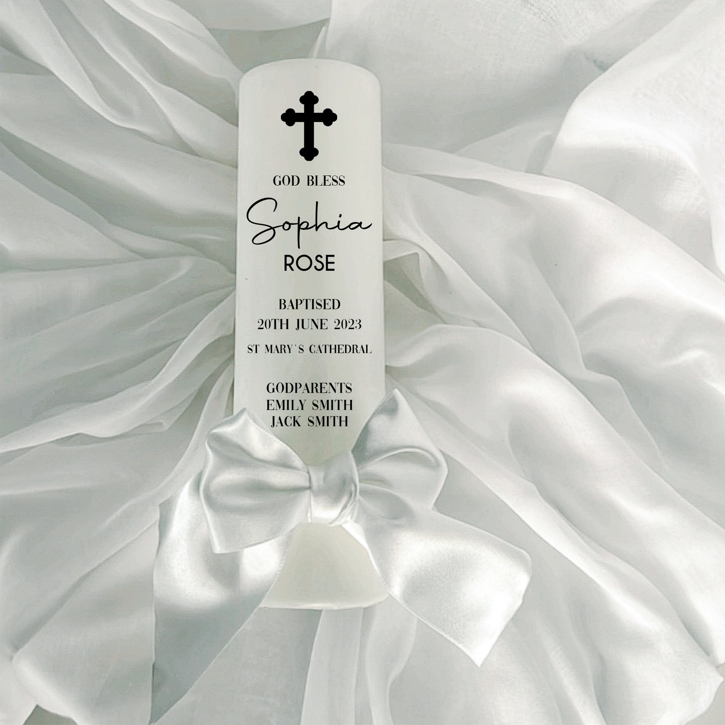 Christening Baptism candle with satin ribbon. Personalised, custom made, made to order Baptizm