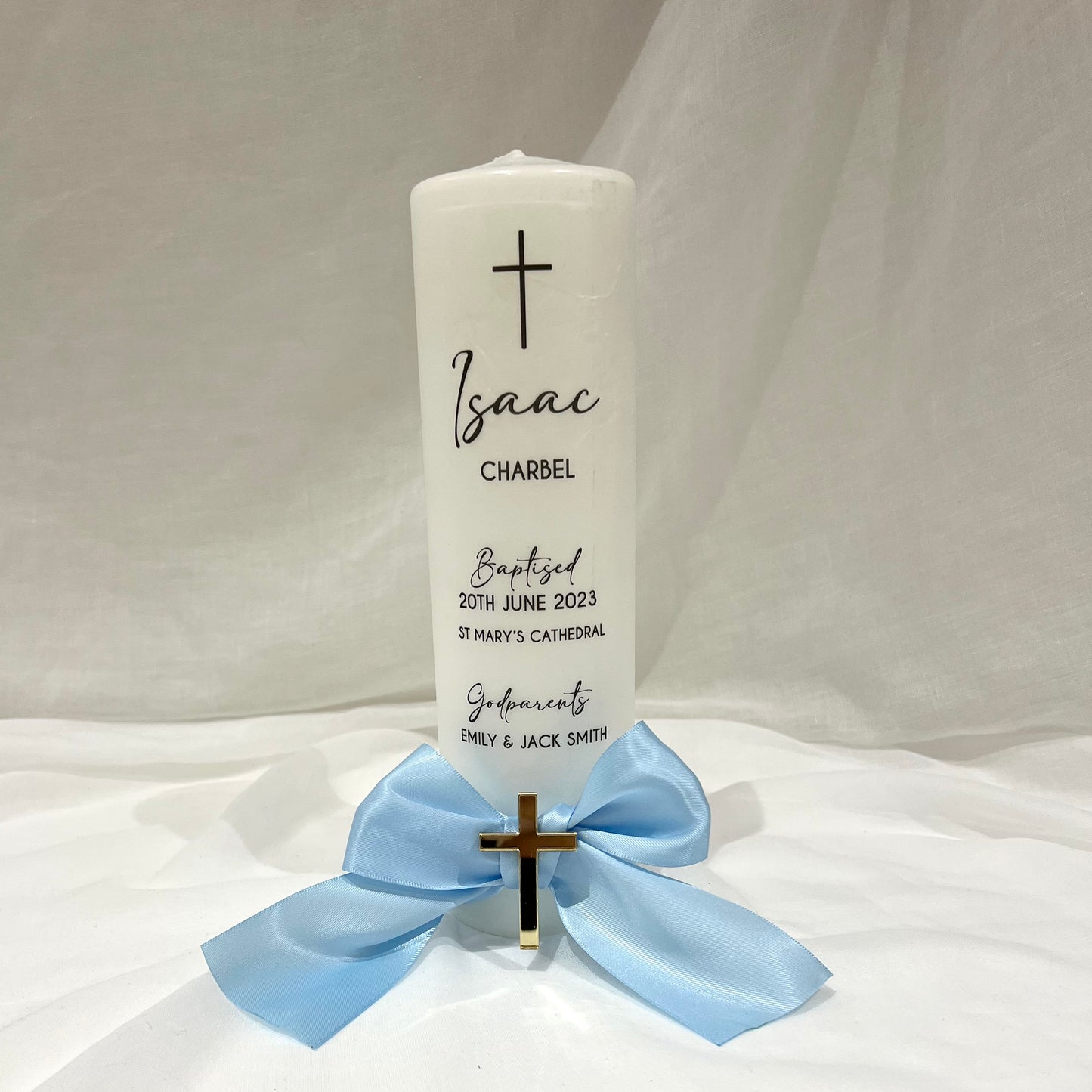 Christening Baptism candle with satin ribbon. Personalised, custom made, made to order Baptizm
