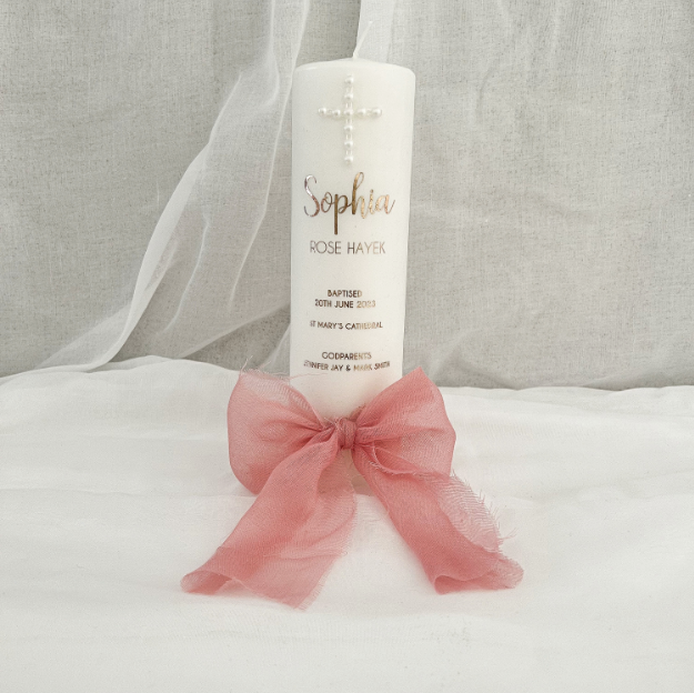 Christening Baptism candle with satin ribbon. Personalised, custom made, made to order Baptizm