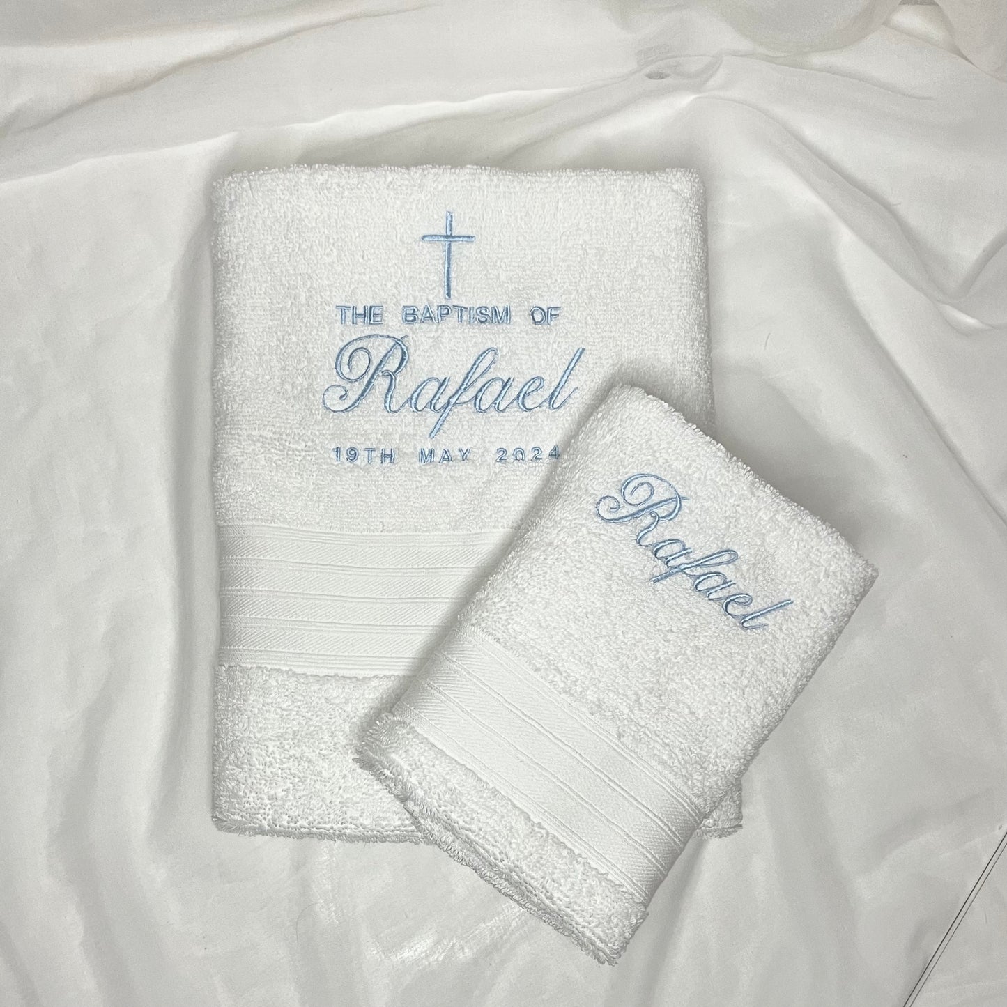 Christening Baptism candle with satin ribbon. Personalised, custom made, made to order Baptizm Embroidered towel set