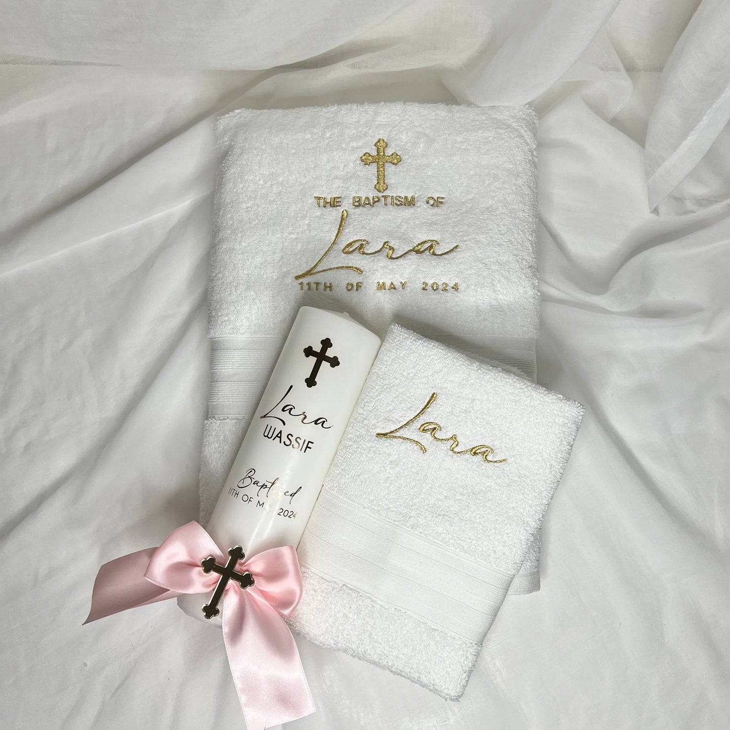 Christening Baptism candle with satin ribbon. Personalised, custom made, made to order Baptizm christening set
