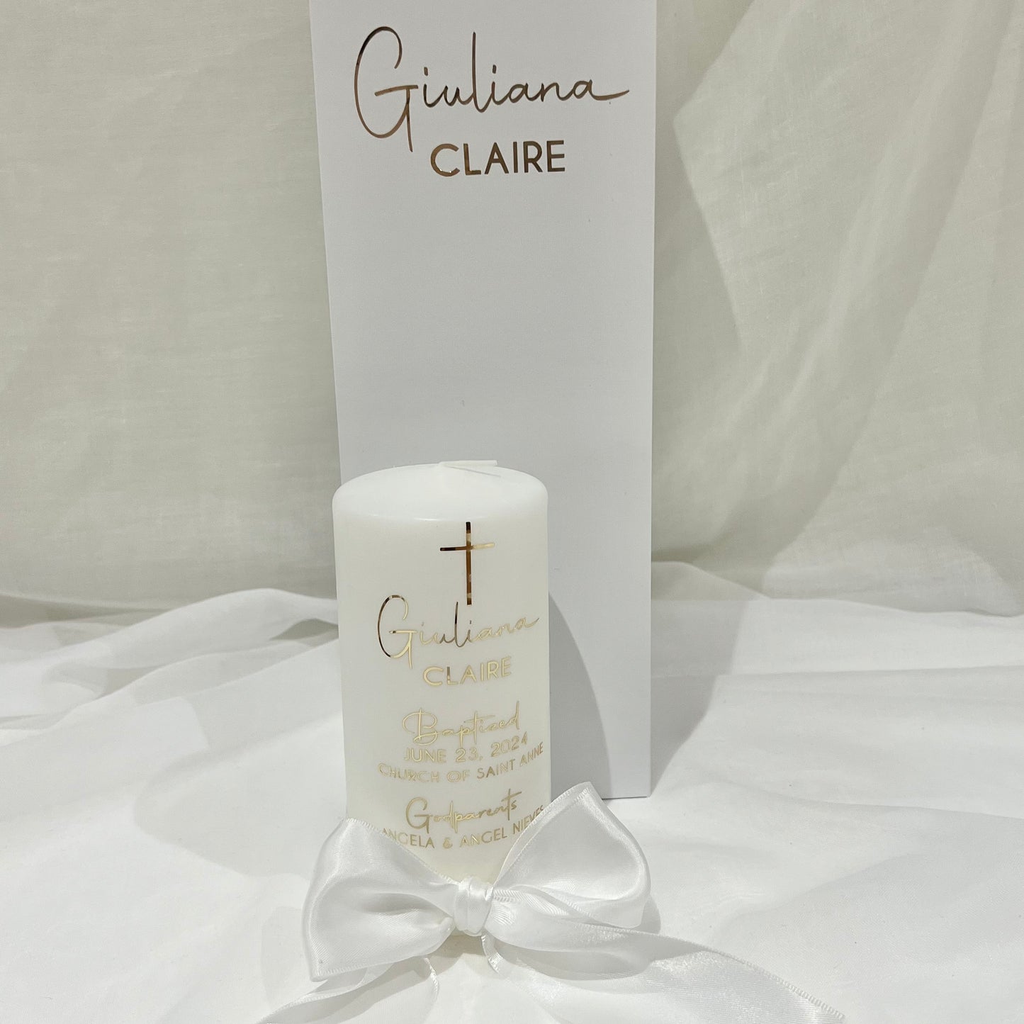 Christening Baptism candle with satin ribbon. Personalised, custom made, made to order Baptizm