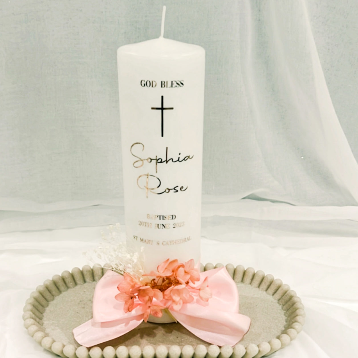 Christening Baptism candle with satin ribbon. Personalised, custom made, made to order Baptizm