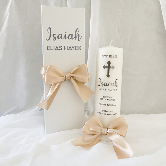 Christening Baptism candle with satin ribbon. Personalised, custom made, made to order Baptizm