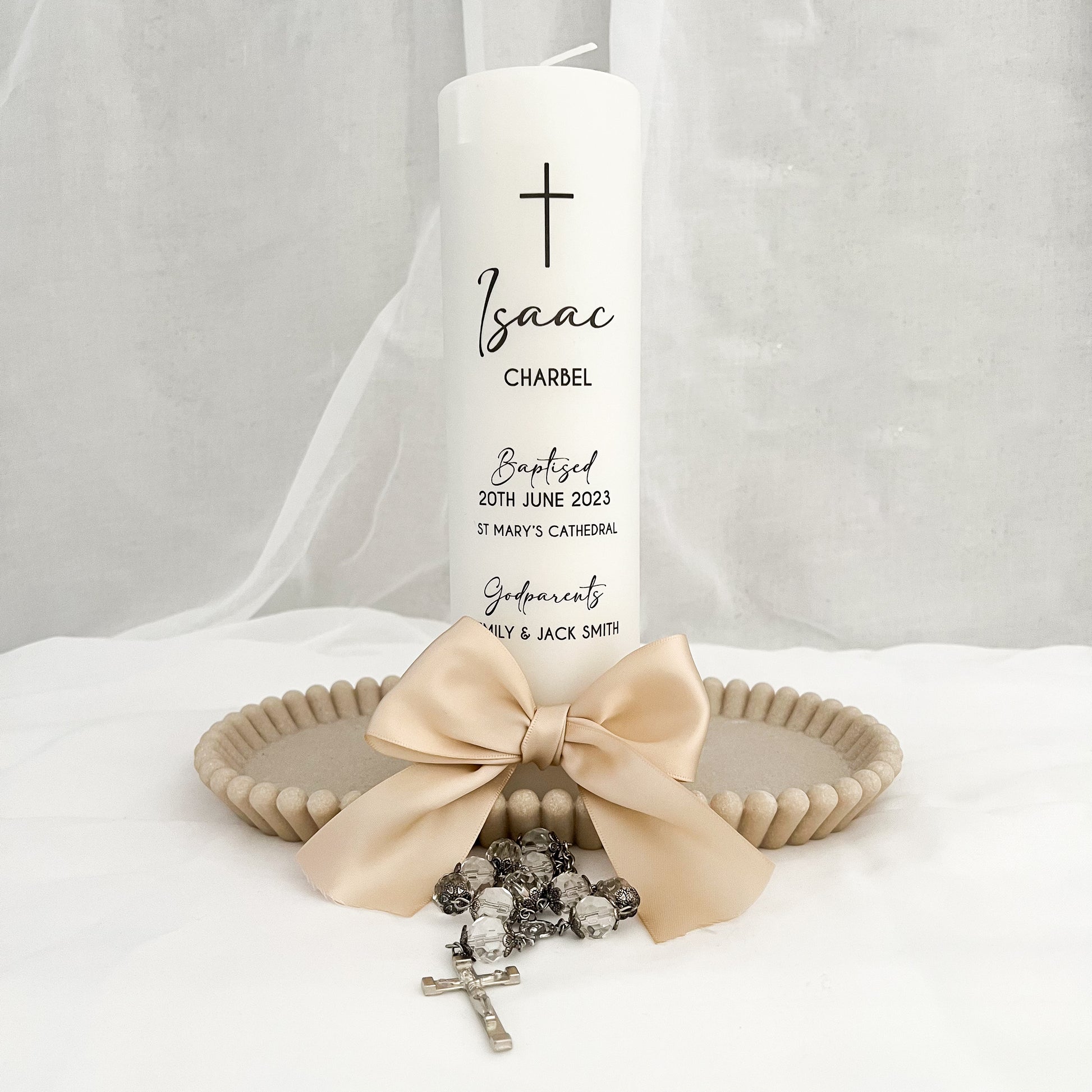 Christening Baptism candle with satin ribbon. Personalised, custom made, made to order Baptizm