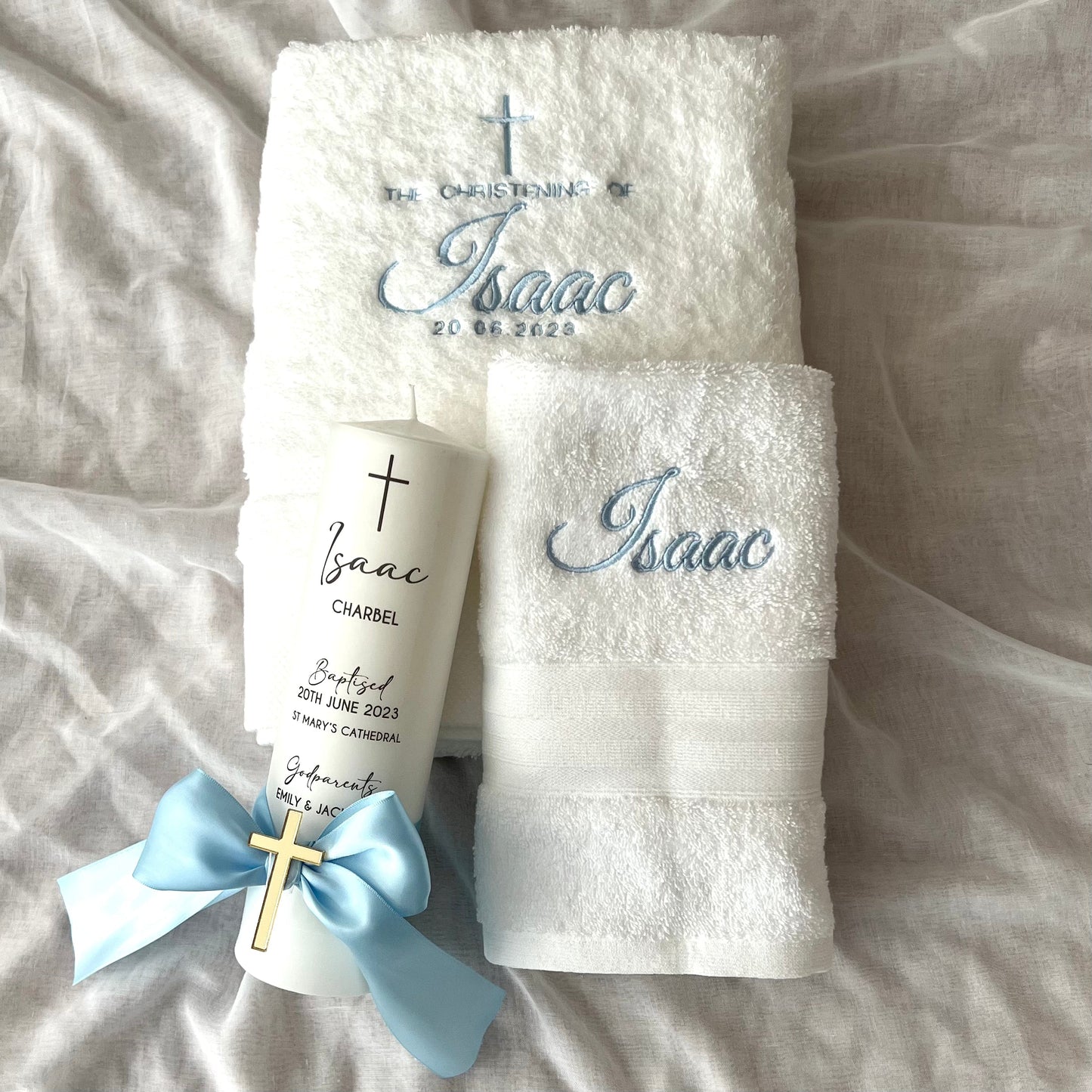 Christening/ Baptism Candle and Towel - Isaac Set - With Acrylic Box