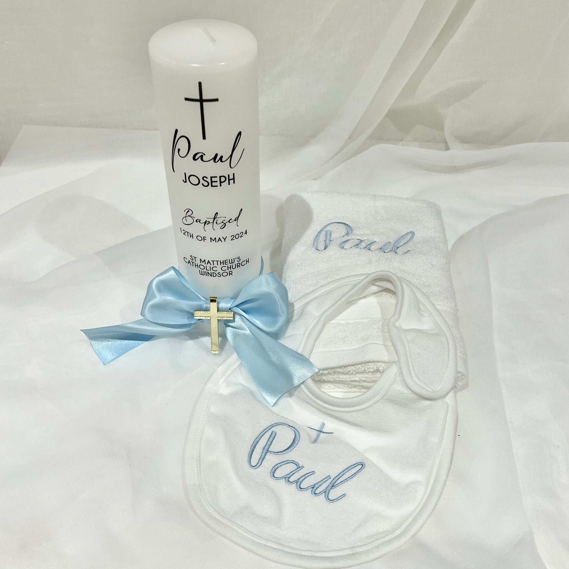 Christening Baptism candle with satin ribbon. Personalised, custom made, made to order Baptizm embroidered towel, embroidered bib