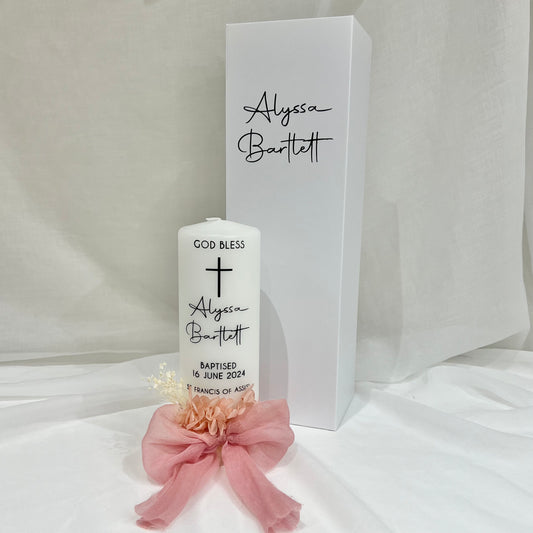 Christening Baptism candle with satin ribbon. Personalised, custom made, made to order Baptizm with florals