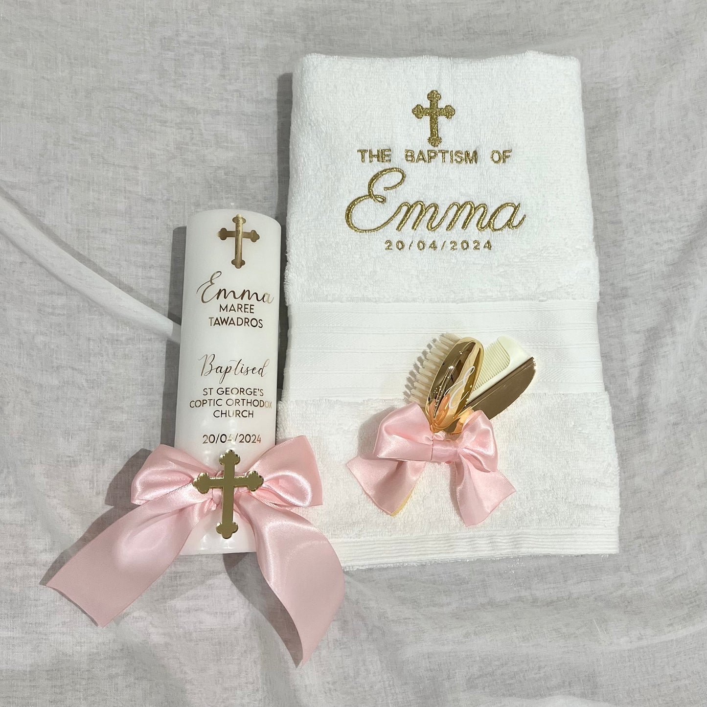 Christening Baptism candle with satin ribbon. Personalised, custom made, made to order Baptizm cristening set