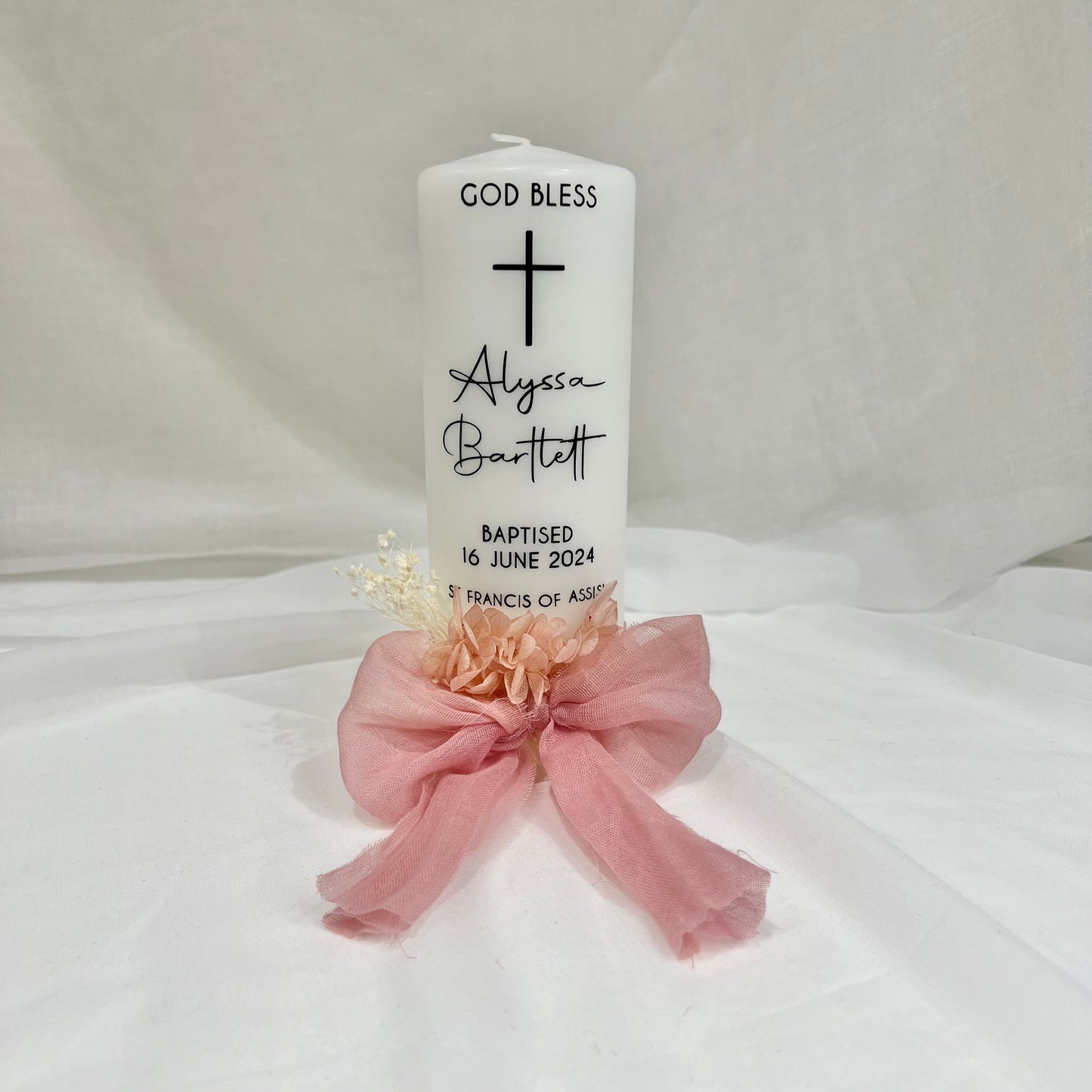 Christening Baptism candle with satin ribbon. Personalised, custom made, made to order Baptizm with florals