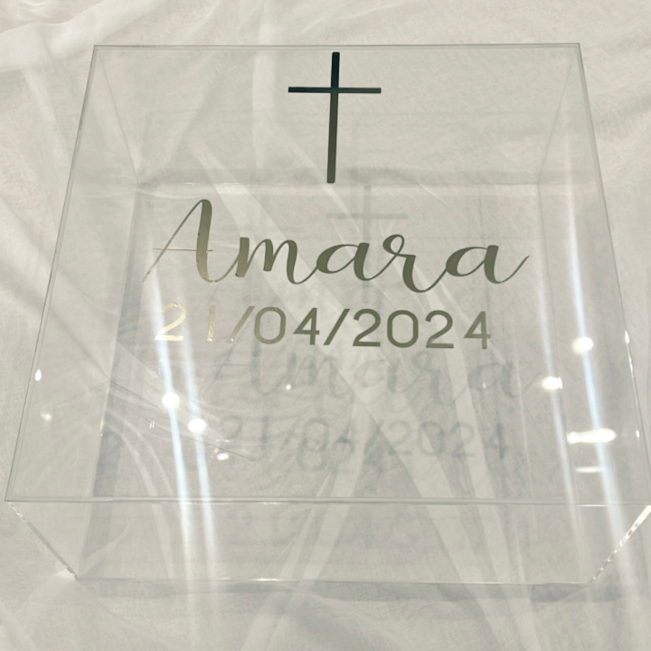 Large Acrylic Clear Christening Box - Name, Cross & Date