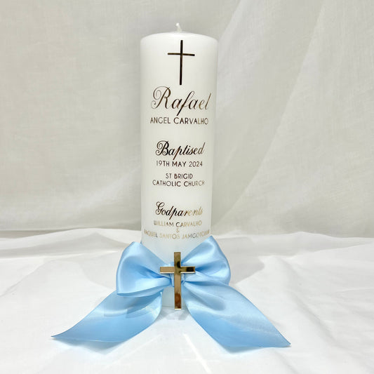 Christening Baptism candle with satin ribbon. Personalised, custom made, made to order Baptizm with acrylic cross